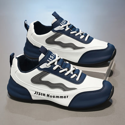 Men's Breathable Color-Block Low-Top Running Shoes - White & Navy Blue Contrast Design, Durable PU Upper & PVC Sole, All-Season Non-Slip Traction for Gym, Jogging, Casual Wear, Jogging Footwear | Sporty Look | Fabric Lined In