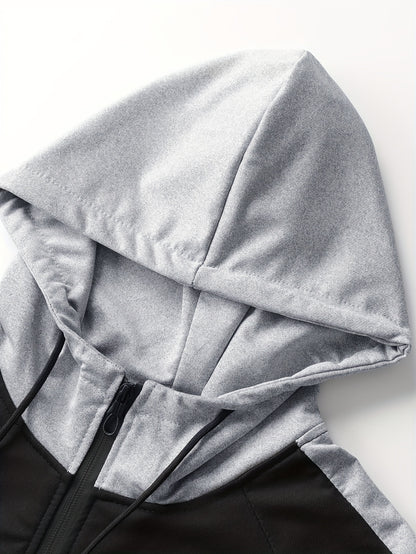 1set Men'S Sports Hooded Jacket and Joggers Set, Polyester Knit Fabric with Slight Stretch, Patchwork Design, Regular Fit, Spring/Fall Season, with Pockets