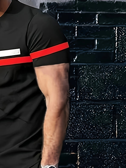 Men's Summer Athletic Short Sleeve Tops & Long Pants Set - Striped Polyester Blend Streetwear Outfit