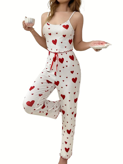 2024 Autumn Women'S Sexy Heart Print Spaghetti Strap Pajama Set - Sleeveless Striped Lounge Wear with Ribbed Detail, Perfect for Fall and Spring, Casual Attire|Heart Print Top|Strapless Desig