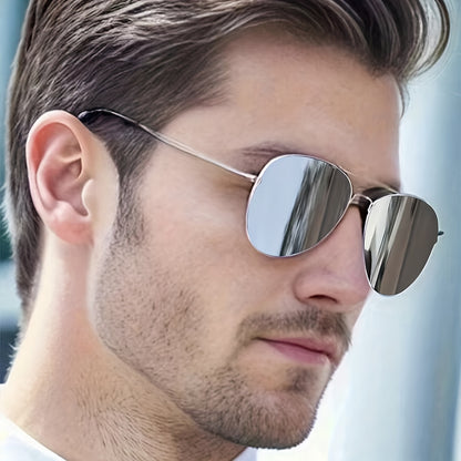 1 Pair of Men's Silvery Reflective Metal Oval Double Beam Retro Mature Personality and Casual Fashion Glasses