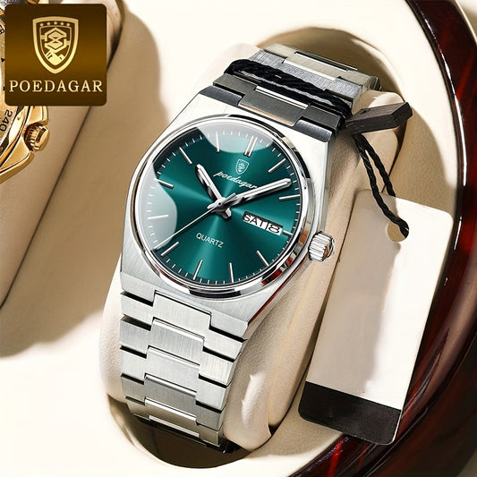 POEDAGAR Women's Elegant Green Luminous Calendar Watch - Waterproof Stainless Steel Ultra-Thin Quartz Wristwatch with Minimalist Design for Casual & Formal Wear, Casual Attire, Korean Fashion, Sleek Metallic Strap