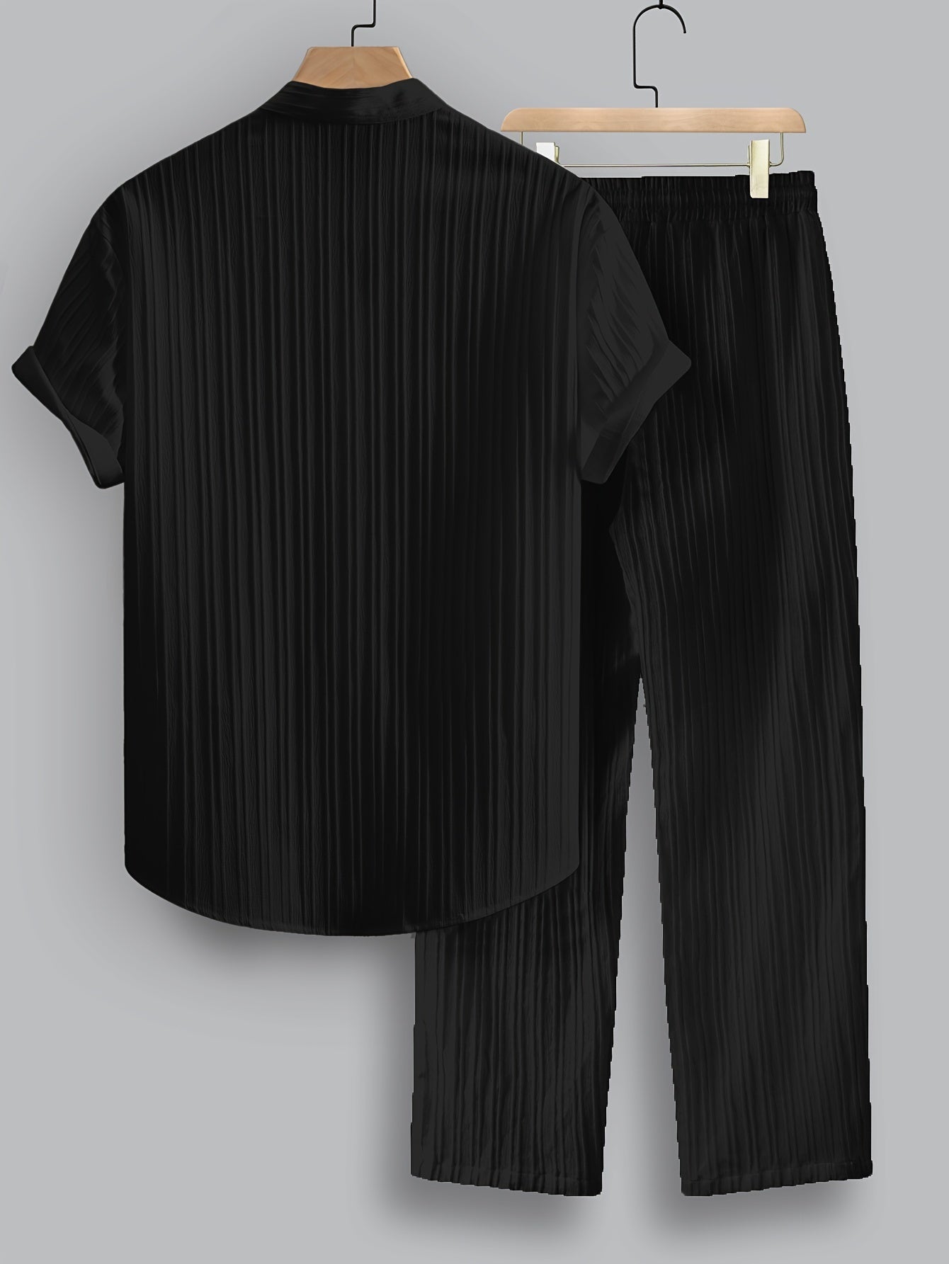 2pcs Men's Summer Casual Striped Polyester Outfit Set, Short Sleeve Stand Collar Shirt and Drawstring Pants, Non-Stretch Woven Fabric, Regular Fit for Daily Wear and Beach Vacation, Plain Color, Beach Vacation