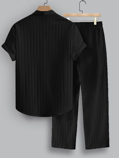 2pcs Men's Summer Casual Striped Polyester Outfit Set, Short Sleeve Stand Collar Shirt and Drawstring Pants, Non-Stretch Woven Fabric, Regular Fit for Daily Wear and Beach Vacation, Plain Color, Beach Vacation