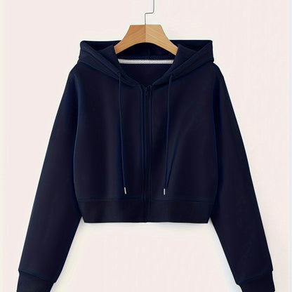 Zip Up Cropped Drawstring Hoodie, Casual Long Sleeve Sweatshirt For Spring & Fall, Women's Clothing