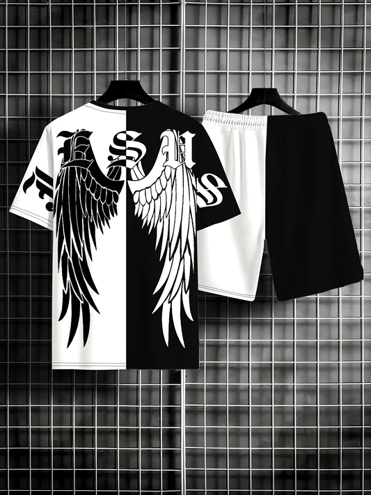 Men's Summer Fashion 2pcs Set: Gothic Wings Print T-Shirt & Shorts - Casual Beachwear, Athletic Loungewear, Machine Washable