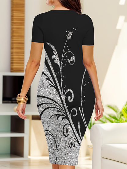Women's Round Neck Short Sleeve Sports Dress with Butterfly Branch and Leaf Print for Festival Celebration and Outdoor Vacation