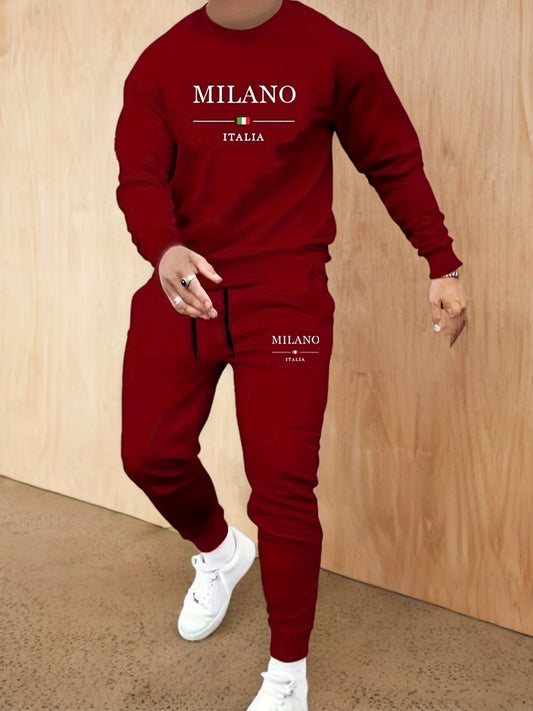 Men's Fashion Casual Sports MILANO Round Neck Sweatshirt and Pants 2pcs Set - Xingfan