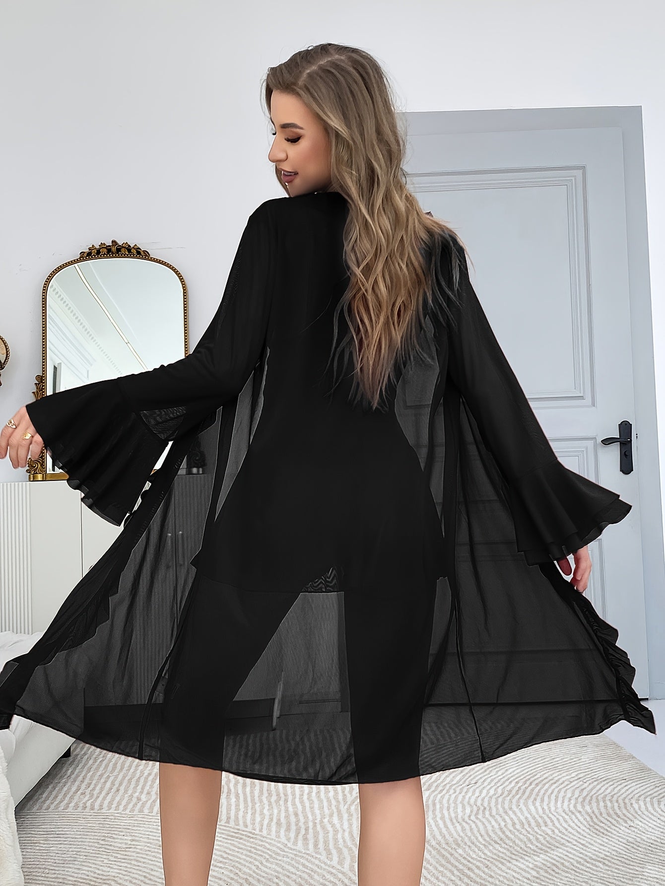 Sexy Mesh Semi-Sheer Strap+Cute Ruffle Long Sleeve Lightweight Mesh Outerwear Pajama Set
