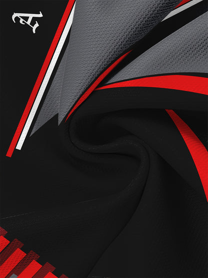 Men's Black 3D Geometric Print T-Shirt – Casual Short Sleeve Summer Tee with Red & Gray Accents, Round Neck, Machine Washable for Outdoor Sports, Everyday Comfort, Durable Fabric