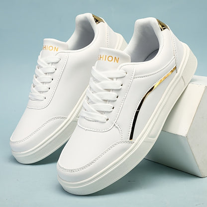 Youngsters' Fashion Sneakers - White PU Upper with Golden Accents, Comfortable & Lightweight Casual Running Shoes for Boys and Girls, All-Season Wear, Low-Top Lace-Up Design, Outdoor Youngsters's Footwear | Fabric Lined Inter