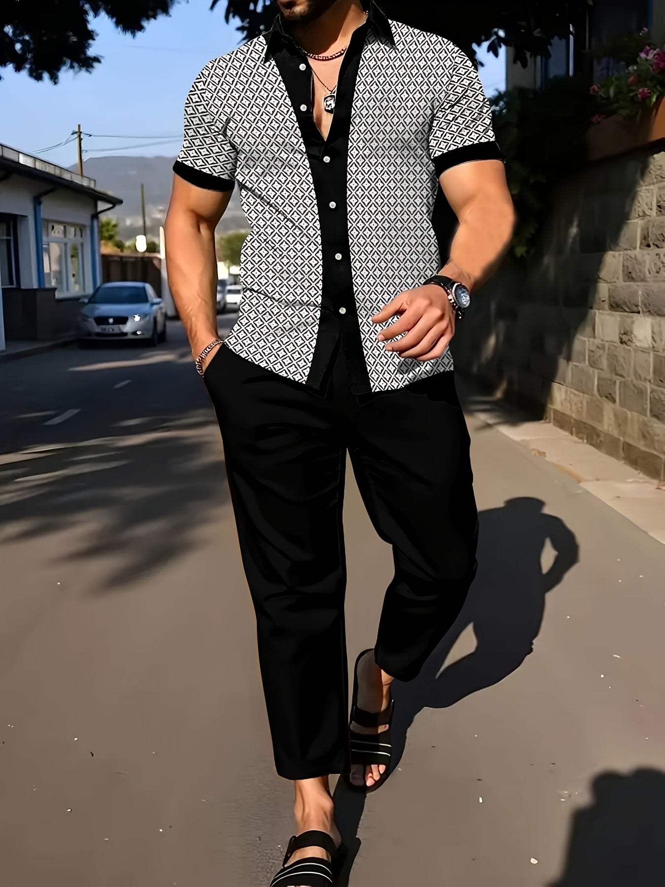 2pcs printed Men's summer short-sleeved button-up shirt and trousers suit