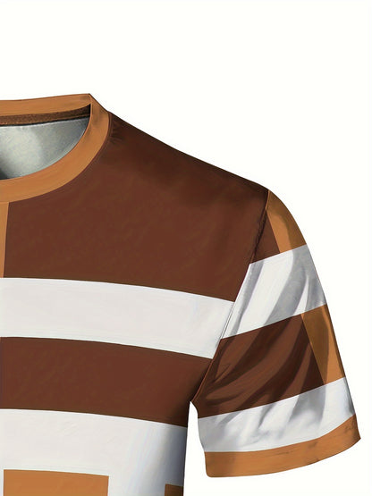 Striped Patchwork Design Pattern Print, Men'S Sports Fashion, Geometric Print High Elasticity Tight Fit Short Sleeved Round Neck T-Shirt, Summer Fitness, Training And Fitness Wear Quick Drying Sports Top with Coolness