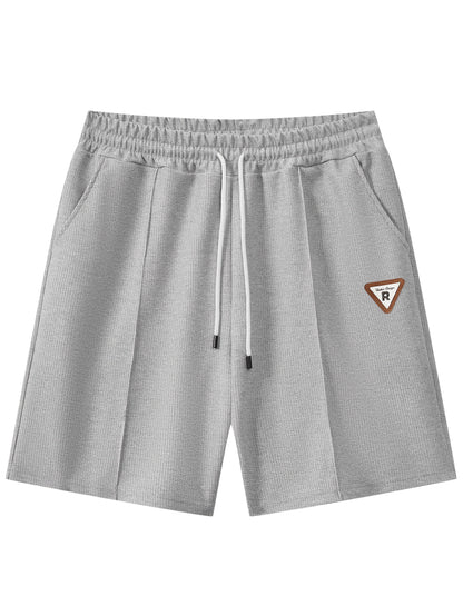 Men's Waffle Round Neck Top with Label, Short Sleeve T-shirt and Drawstring Shorts for Clean and Comfortable Spring/Summer Wear