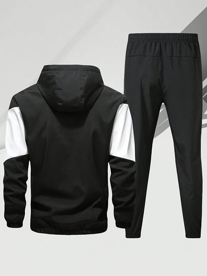 Men'S Casual 2pcs Sports Suit Unisex Couple All-Season Spring/Autumn Color Block Tracksuit with Hooded Cardigan, Zippered Jacket, Long Sleeve Coat, Joggers, Gym, Running, Outdoor Outfit, Elastic Pants, Hoodie, Top, Pants, Two