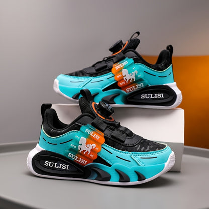 Kid's Trendy Colour Block Sneakers with Rotating Buckle, Comfy Non Slip Durable Shoes for Boy's & Girl's Outdoor Activities