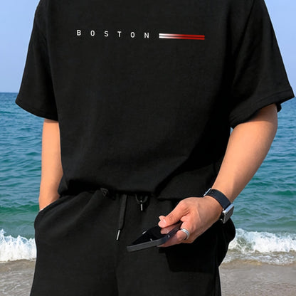 Men's Heavyweight 180gsm Cotton T-Shirt - Dark Gray Crew Neck Tee with Bold "Boston" Print, All-Season Everyday & Formal Shirt for Men - Machine Washable Luxury Casual Top, Versatile Clothing, Modern Design, Premium Fabric, S