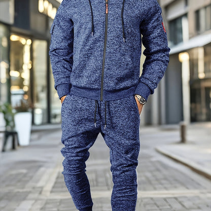 Men's Casual Sports Hoodie and Pants Set with Zipper, Drawstring, Fleece-Lined - Polyester Blend, Machine Washable