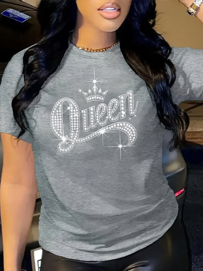 Sparkling Rhinestone Queen Crown Graphic Casual T-Shirt - Vibrant Orange Short Sleeve Round Neck Top with Medium Stretch, Machine Washable for Casual Attire & Parties, Cute T Shirts, Allseason Apparel, Party Wear, Mediumstret