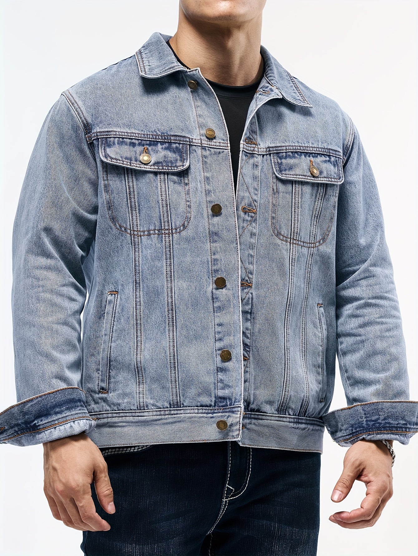 Men's Stylish Denim Jacket - Casual Long Sleeve with Flap Pockets, Machine Washable