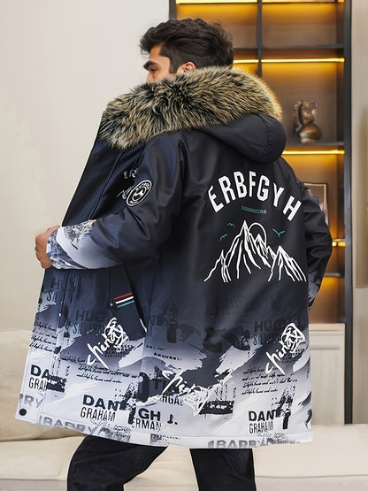 Men's Heavy-Duty Hooded Winter Jacket with Mountain Logo Back Print, Full-Zip Long Coat & Pockets - Large Hood for Extreme Cold, Machine Washable -Filled Outerwear (Casual/Climbing/Skiing) - Black, Winter Boots For Men, Men W