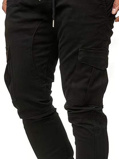 3-Pack Men'S Casual Cotton Cargo Pants, Solid Color, Non-Stretch, Regular Length, Drawstring Waist, Four Seasons, Standard Fit, Woven Fabric