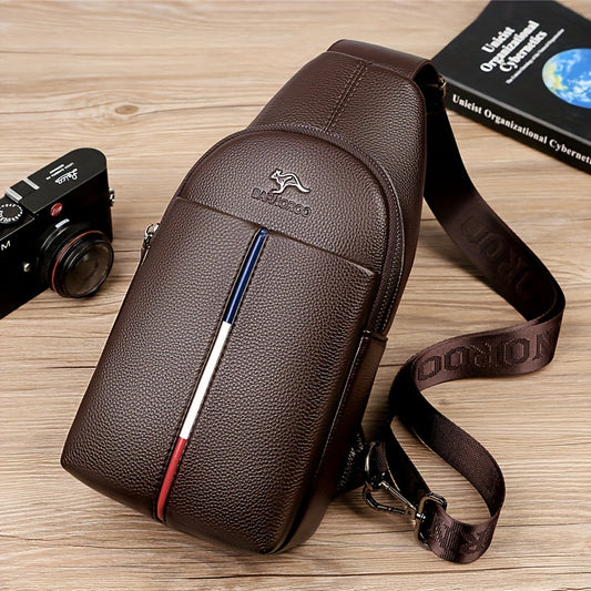 DARWNORO Men's Stylish PU Leather Sling Bag - Casual Shoulder & Crossbody Bag with Zipper Closure, Brown with White & Red Accents, Perfect for Daily Commute, Motorcycle Inspired Design, PU Leather Crossbody Bag