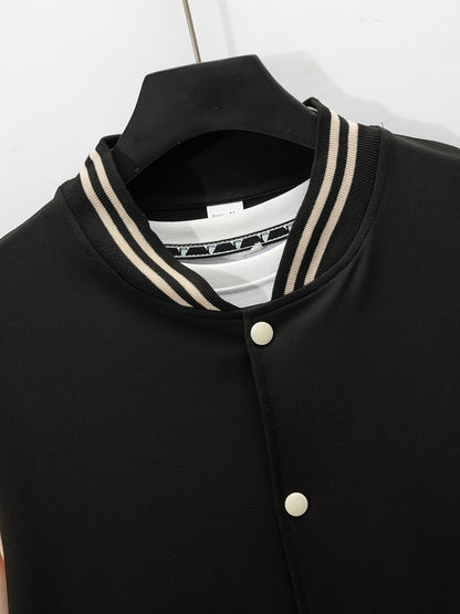 Men'S Casual Baseball Collar Jacket and Pants Set, Color Block Long Sleeve Sweatshirt and Sweatpants, Polyester Woven Suit with Button Detail, Spring/Fall Collection