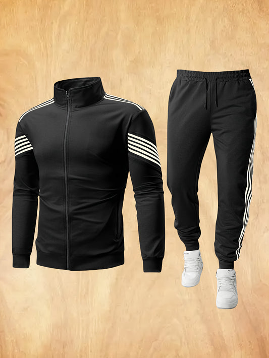 Men'S Spring And Autumn Sports Leisure Set Featuring a Stand-Up Collar Zip-Up Long Sleeve Top, Drawstring Waist Long Pants, Suitable for Running, Outdoor Fitness, And Home Wear, with Pockets And Zippers.