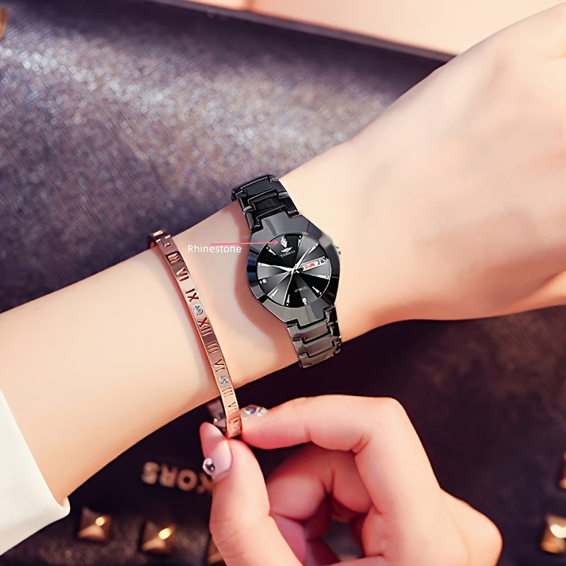 1 New Fashionable Quartz Ladies' Watch with Date Display - Black Dial, Luminous Hands & Markers, Stainless Steel Band, Casual Style, Travel & Business Use, Casual Style Watch | Minimalist Design | Quartz Movement