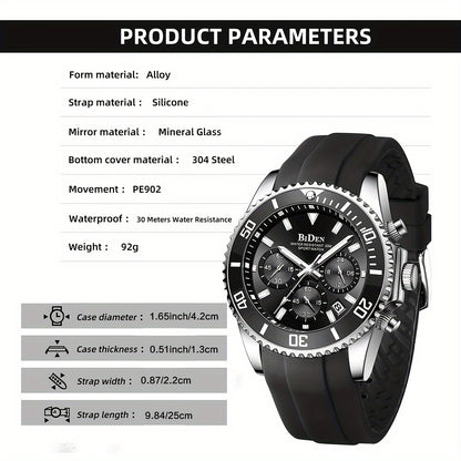 Men'S Sports Watch - Lightweight Silicone Strap with 6-Hand Chronograph, Analog Quarts Movement, 30M Water Resistant, Stopwatch, Calendar, Zinc Alloy Case, Electronic Drive, Non-Rechargeable Button Battery, Perfect for Casual