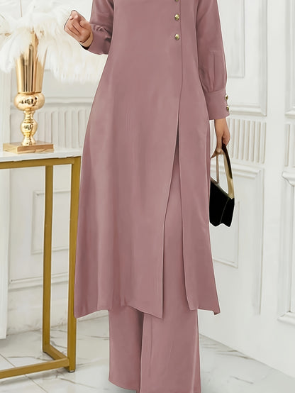 Ramadan, Women's Front-Button Long Sleeve Slit Dress & Pants Casual Arabic Style 2pcs Set, Only Clothes, Without Headscarf