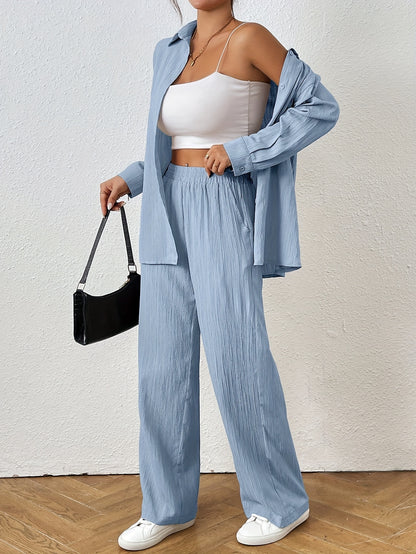 2pcs Women Spring & Autumn Casual Solid Color Long Sleeve Shirt And Pants Set