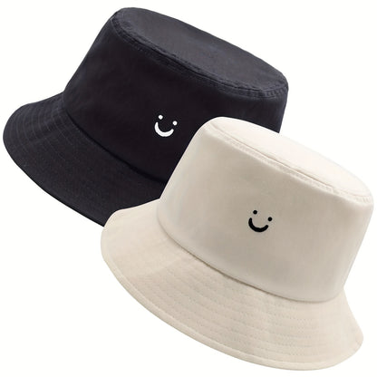 Unisex Black & White Fisherman Hat with joyful Face Embroidery - Double-Sided, Sporty Polyester Bucket Hat for Men and Women, Ideal for Outdoor Activities, Outdoor Hat | joyful Face Embroidery | Durable Headgear