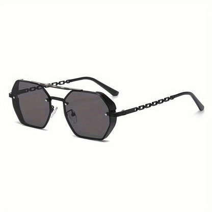 1pc Stylish Polygonal Golden Frame Fashion Glasses with Chain Link Design - Black Metal Fashion Glasses for Fashion-Forward Look