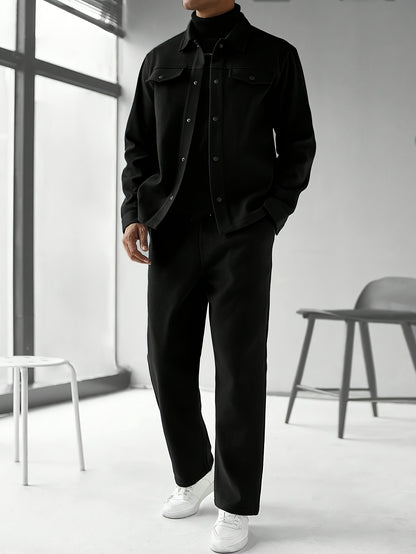 Men'S Two-Piece Casual Outfit - Black Button-Up Shirt & Pants, Long Sleeve, Loose Fit, Non-Stretch Fabric, Perfect for Spring/Fall, Casual Attire|Relaxed Fit|Buttonup Shirt