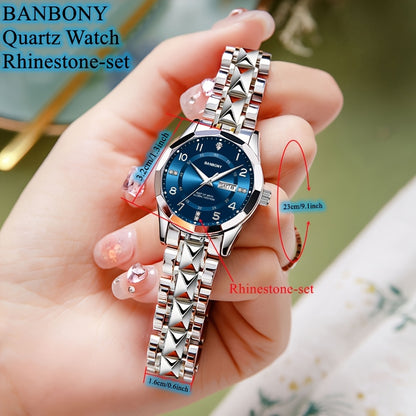 Banbony Women'S Quartz Watch - Luxury IPX7 Waterproof Stainless Steel Strap, Luminous Display, Rhinestone Accents, Date & Night Light, Minimalist Black Dial, Perfect Gift for Women, Casual Timepiece, Elegant Timepiece, Highqu