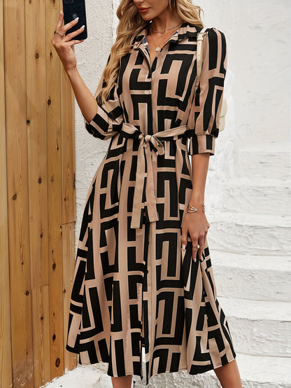 Geo Print Button Front Dress, Elegant Long Sleeve Belted A-line Dress for Spring & Fall, Women's Clothing, Brown Pattern