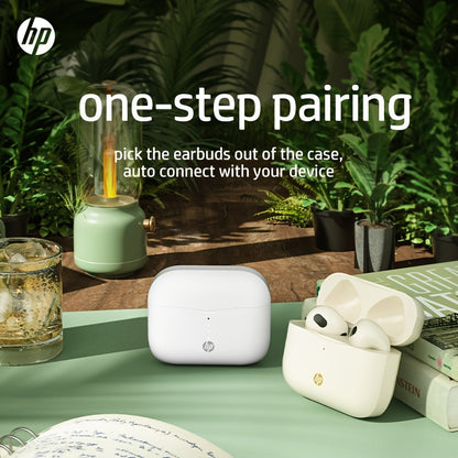 HP True Wireless ականջակալներ, թեթև ականջակալներ ներկառուցված միկրոֆոնով, որոնք ապահովում են հիանալի ձայն և երկար հեռավորության վրա կապ, լիցքավորման պատյանով - հարմար են և՛ iPhone-ի, և՛ Android սարքերի համար։