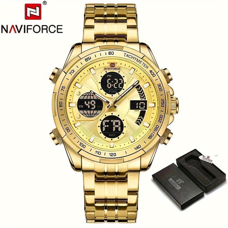 NAVIFORCE Men's Luxury Sports Quartz Watch - Waterproof, Genuine Leather Strap, Dual Display with Date & Chronograph Functions, Case, Green Accents, Luxury Timepiece|Tachymeter Equipped|Genuine Leather Band Valentine's Day