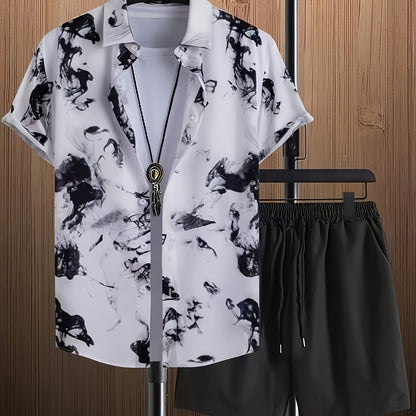 2pcs, Men'S Short-Sleeved Button- Collar Shirt, Print Pattern, Paired with Drawstring Shorts, Men'S Trendy Casual Daily Wea
