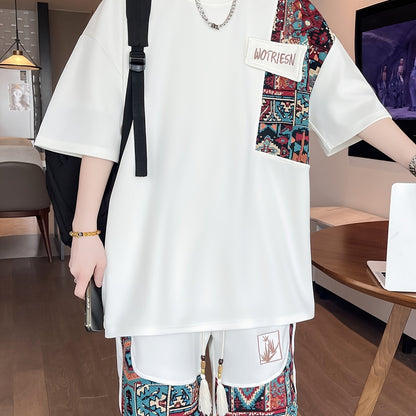 2pcs Men's Summer Casual Outdoor Set, Fashion Ethnic Style Round Neck Short Sleeve T-Shirt and Shorts Suit with Embroidery Design Loose Fit, Short Sleeve + Drawstring Shorts Combo, Suitable for Summer Outdoor Activities