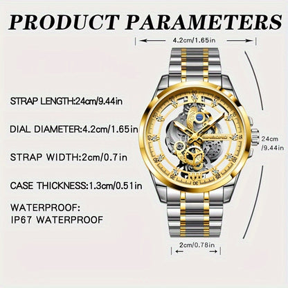 BINBOND Men's Sleek Golden-Tone Quartz Watch - Transparent Dual-Sided Hollow Design, Waterproof with Luminous Hands, Stainless Steel Band, Ideal Gift