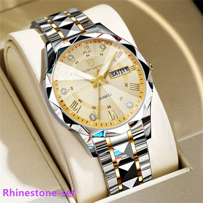 Fashionable Men'S Quartz Watch with a Diamond-shaped Dial, IPX7 Waterproof, Dual Calendar, Luminous Steel Strap, Business Watch