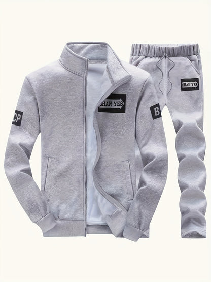 Men'S Navy Blue "Shan Yes" Print Casual Sports Suit - Zip-Up Hoodie & Joggers with Pockets, Regular Fit for Spring & Fall, Comfortable Leisure Wear, Leisure Wear Hoodie | Sporty Hoodie | Zipper Closure, Essential Hoodie