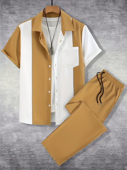 Men'S Casual Two-Piece Spring/Summer Color Block Short Sleeve Shirt and Pants Set - Polyester, Regular Fit, Button-Up with Pocket, No Belt, All-Season Wear, Casual Attire|Casual Style|Polyester Fabric