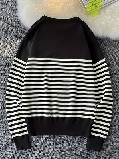 Striped Crew Neck Pullover Sweater, Casual Long Sleeve Versatile Sweater, Women's Clothing