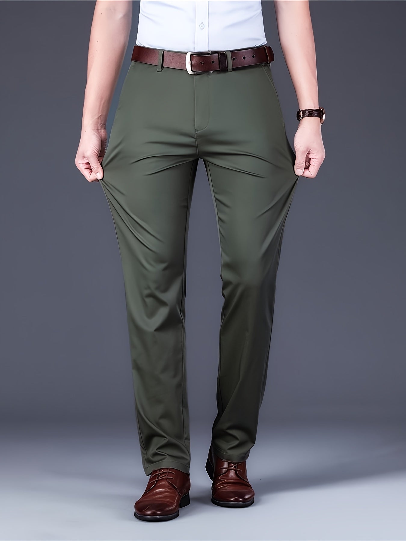 [Durable Build] Men's All-Season Casual Dress Pants - Business Style Stretch Trousers, Comfortable Classic Design, Light Brown Polyester Blend, Machine Washable, Smooth Finish, Regular Fit for Office or Leisure Wear