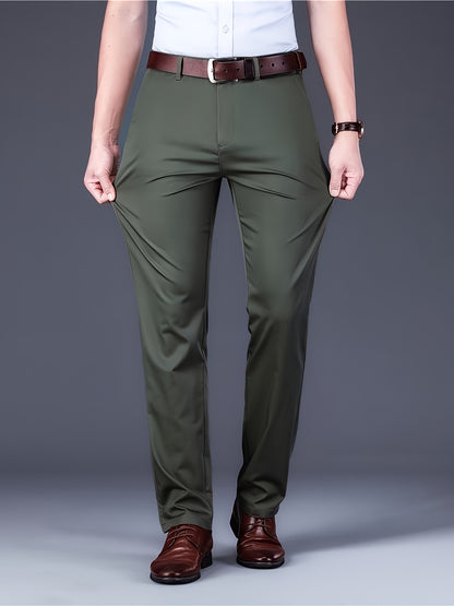 [Durable Build] Men's All-Season Casual Dress Pants - Business Style Stretch Trousers, Comfortable Classic Design, Light Brown Polyester Blend, Machine Washable, Smooth Finish, Regular Fit for Office or Leisure Wear