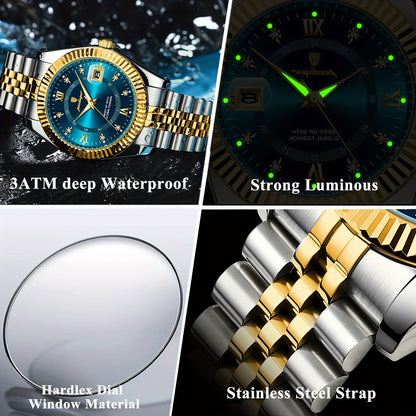 POEDAGAR Luxury Men'S Quartz Watch - Waterproof, Luminous, Stainless Steel Band, Blue & Golden Accents, Date & Week Display, Casual Elegant Timepiece with Backpack Clasp